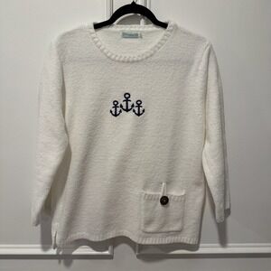 LULU B Sz Small White Anchor Nautical Print Chenille 3/4 Sleeve Pocket Sweater